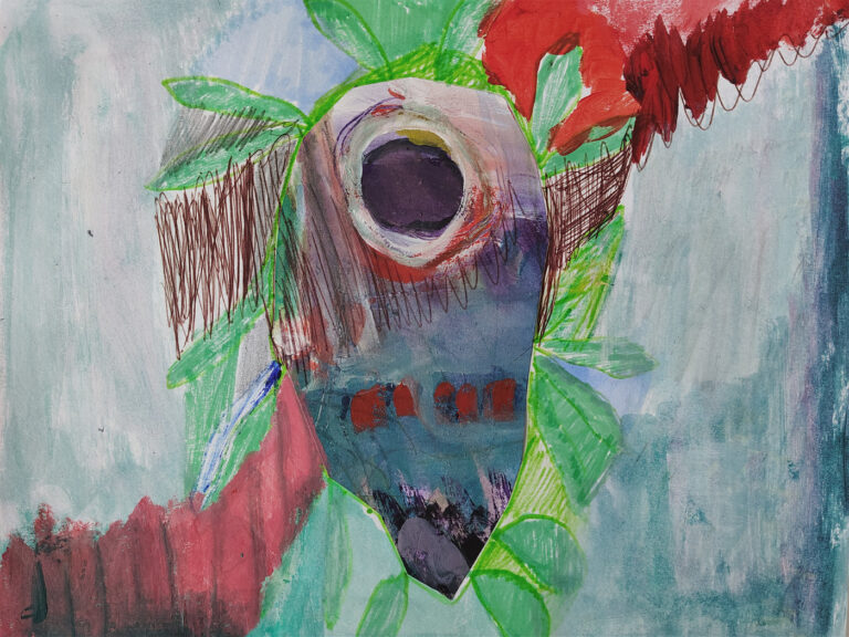 Blue Skull abstract painting with green leaves, red marks, and dark circular form on blue-grey paper background